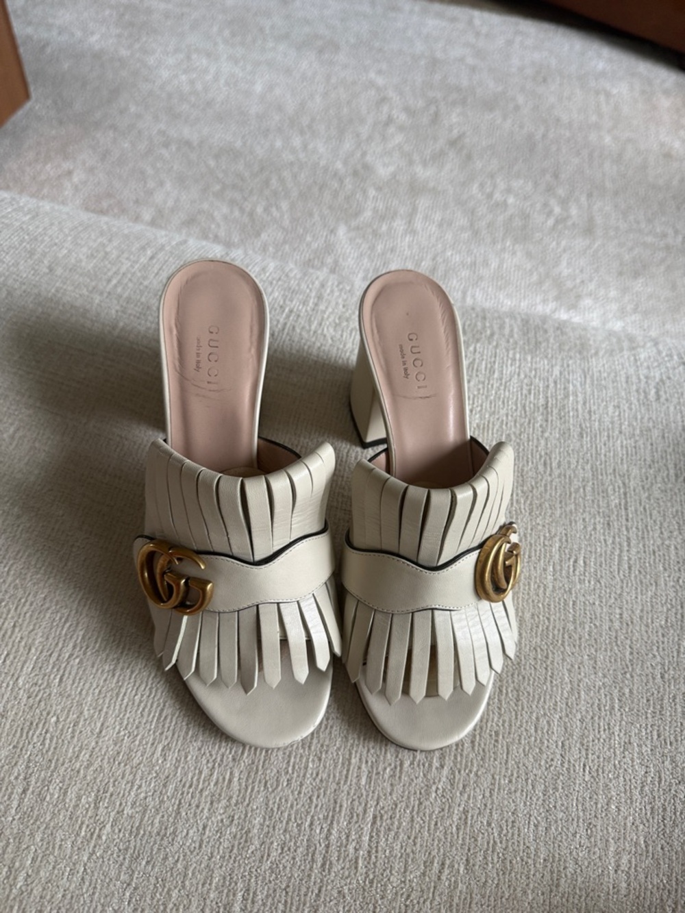 Gucci Off-White Leather Fringe Mid-Heel Mules with Gold Double G
